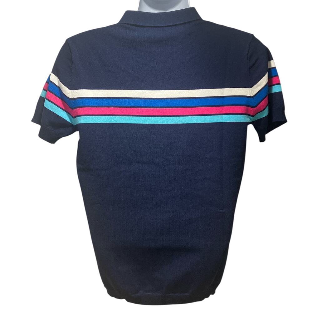 Andrew Christian Knit Stripe Polo Navy Blue Large - Picture 3 of 6